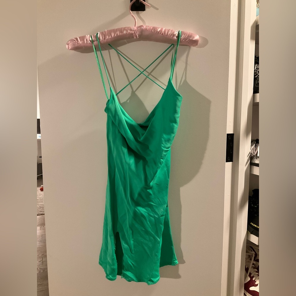 Zara green slip dress with altered slit. Size XS